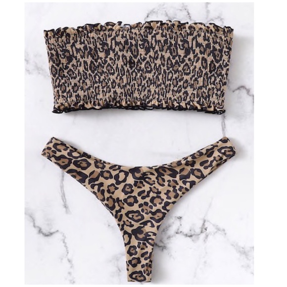 Other - Leopard Elastic Shirred High Leg Bandeau Bikini